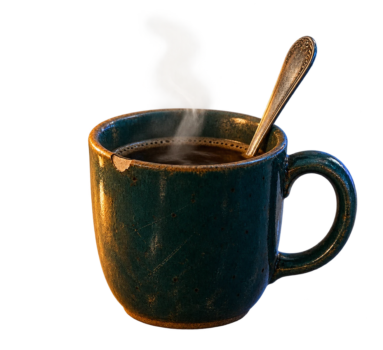 A chipped teal coffee mug