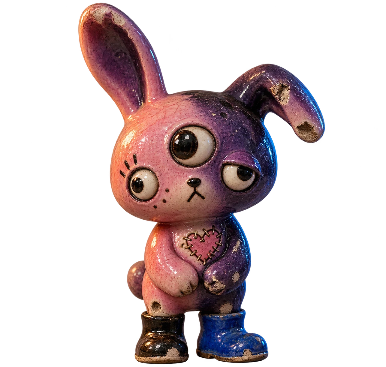 A three-eyed pink and violet rabbit figurine