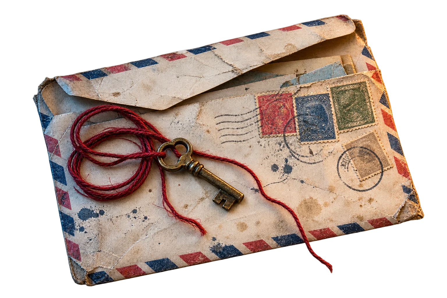 An old envelope with a brass key and red thread