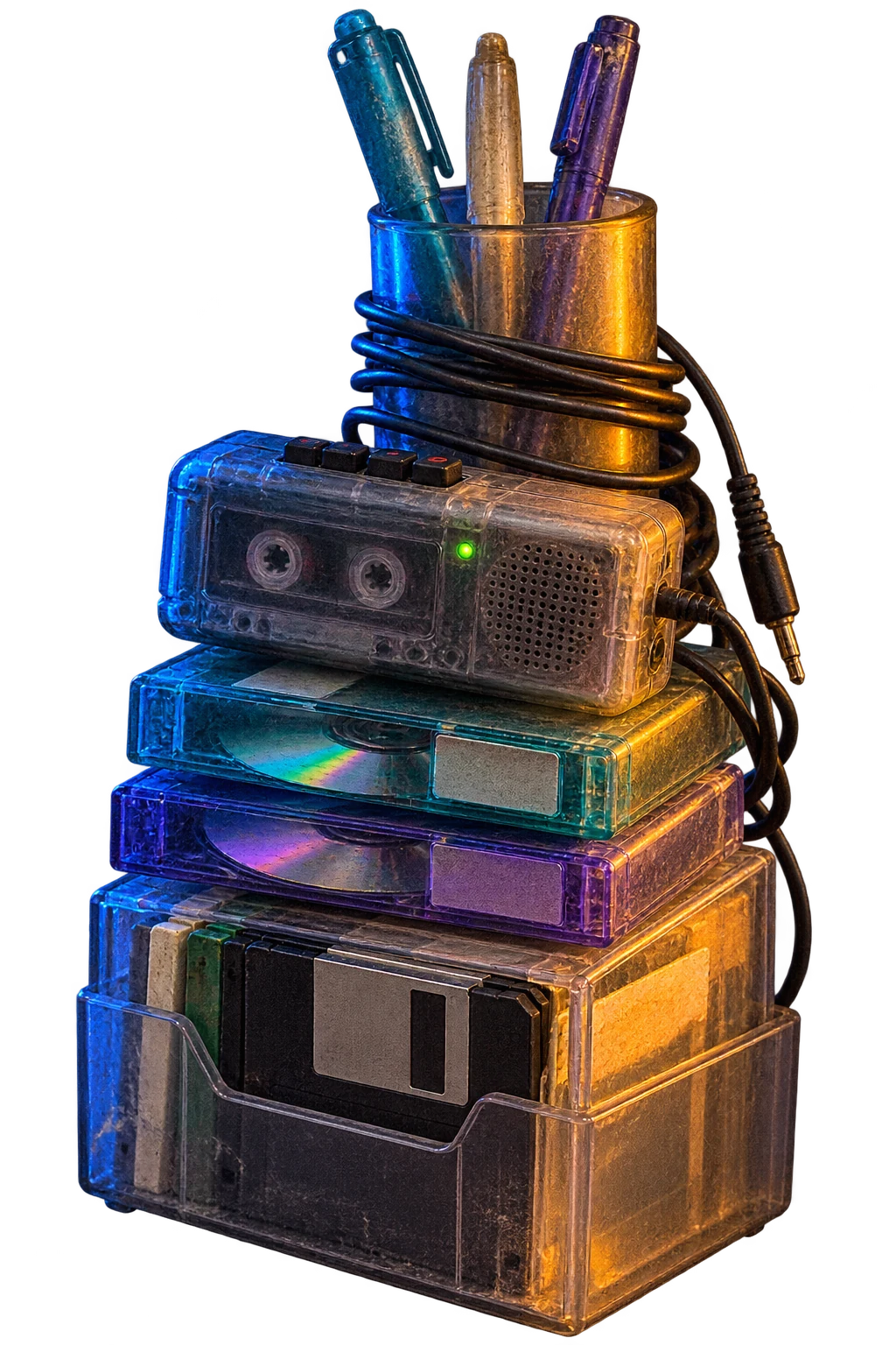 A tower of translucent media cases, recorder, cables and pens