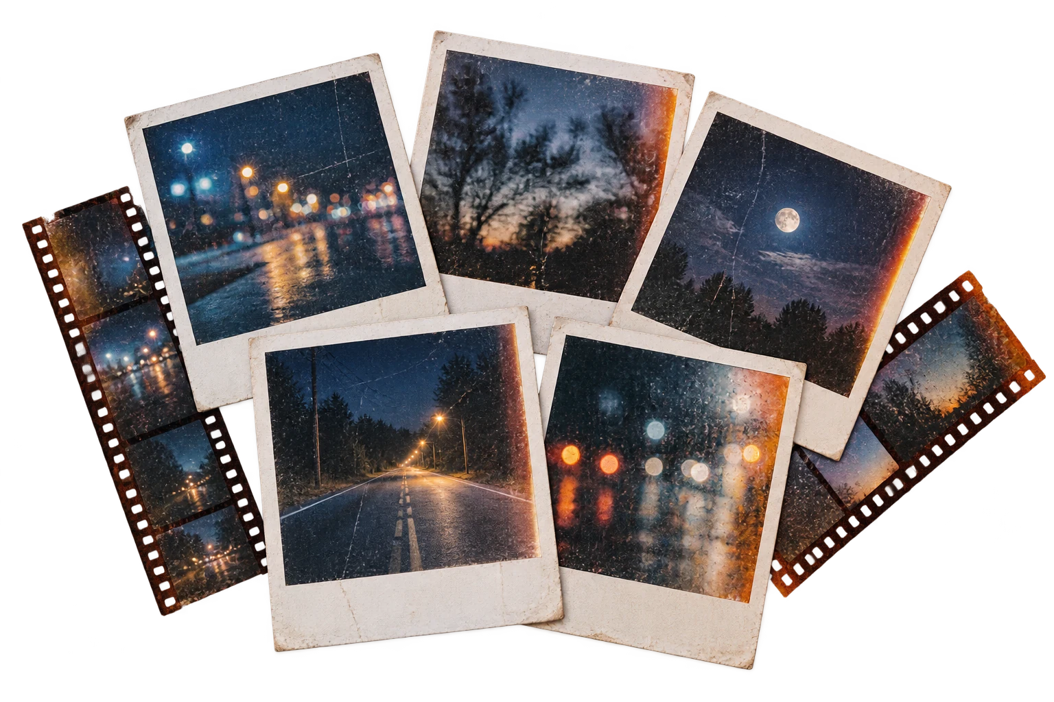 A pile of night photographs and film strips
